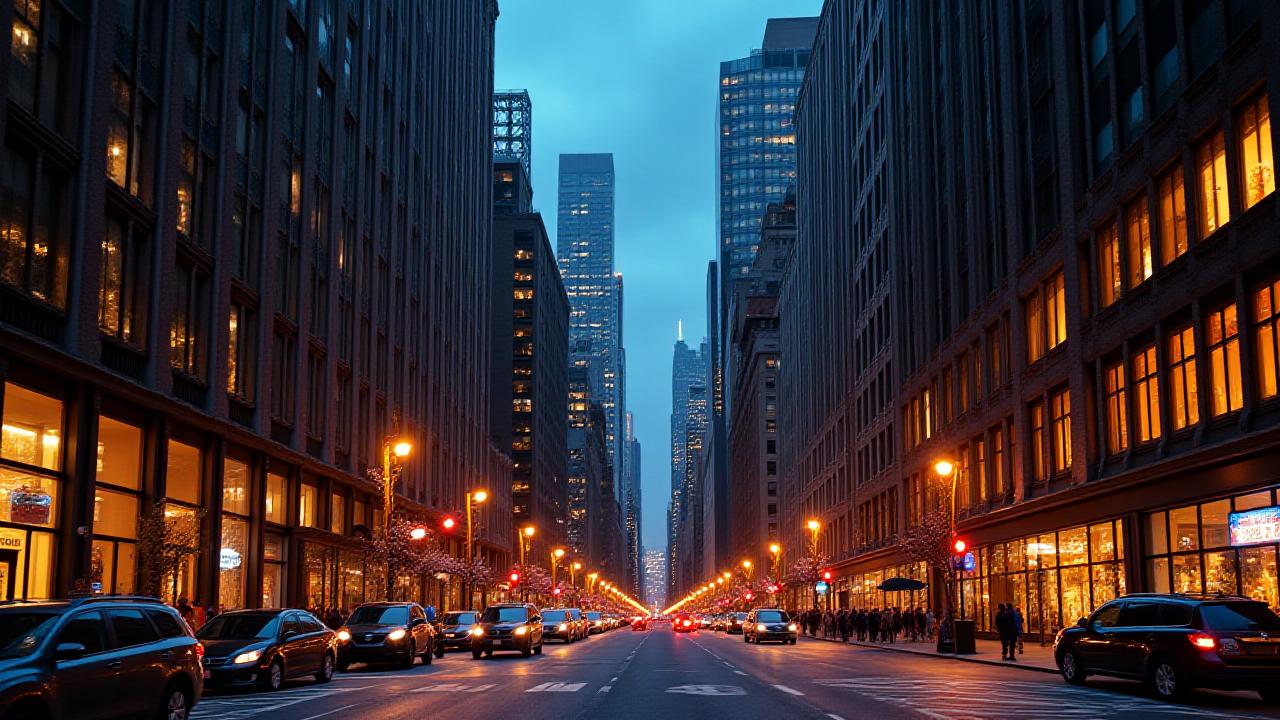 New York City commercial real estate and retail districts at dusk