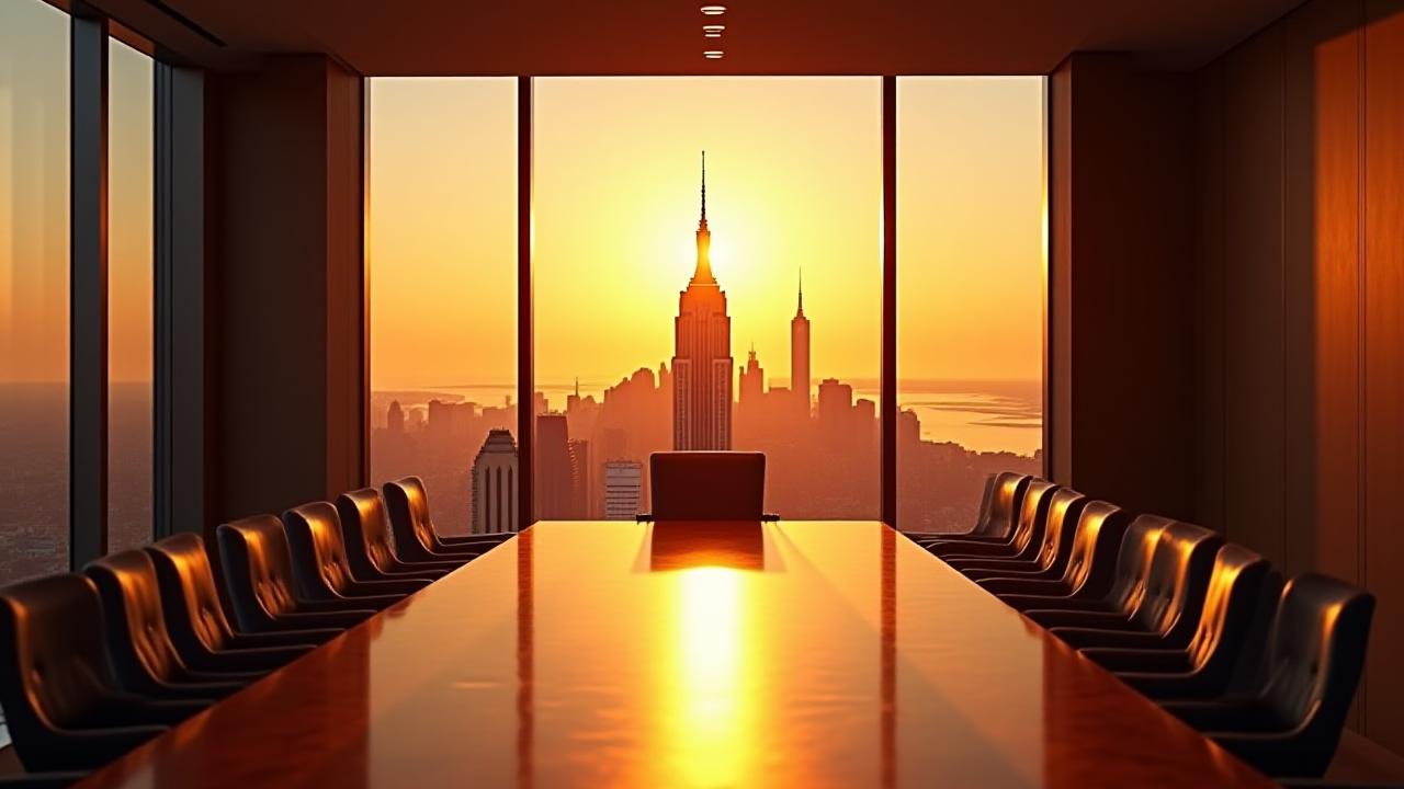Sophisticated high-rise boardroom overlooking New York City during golden hour